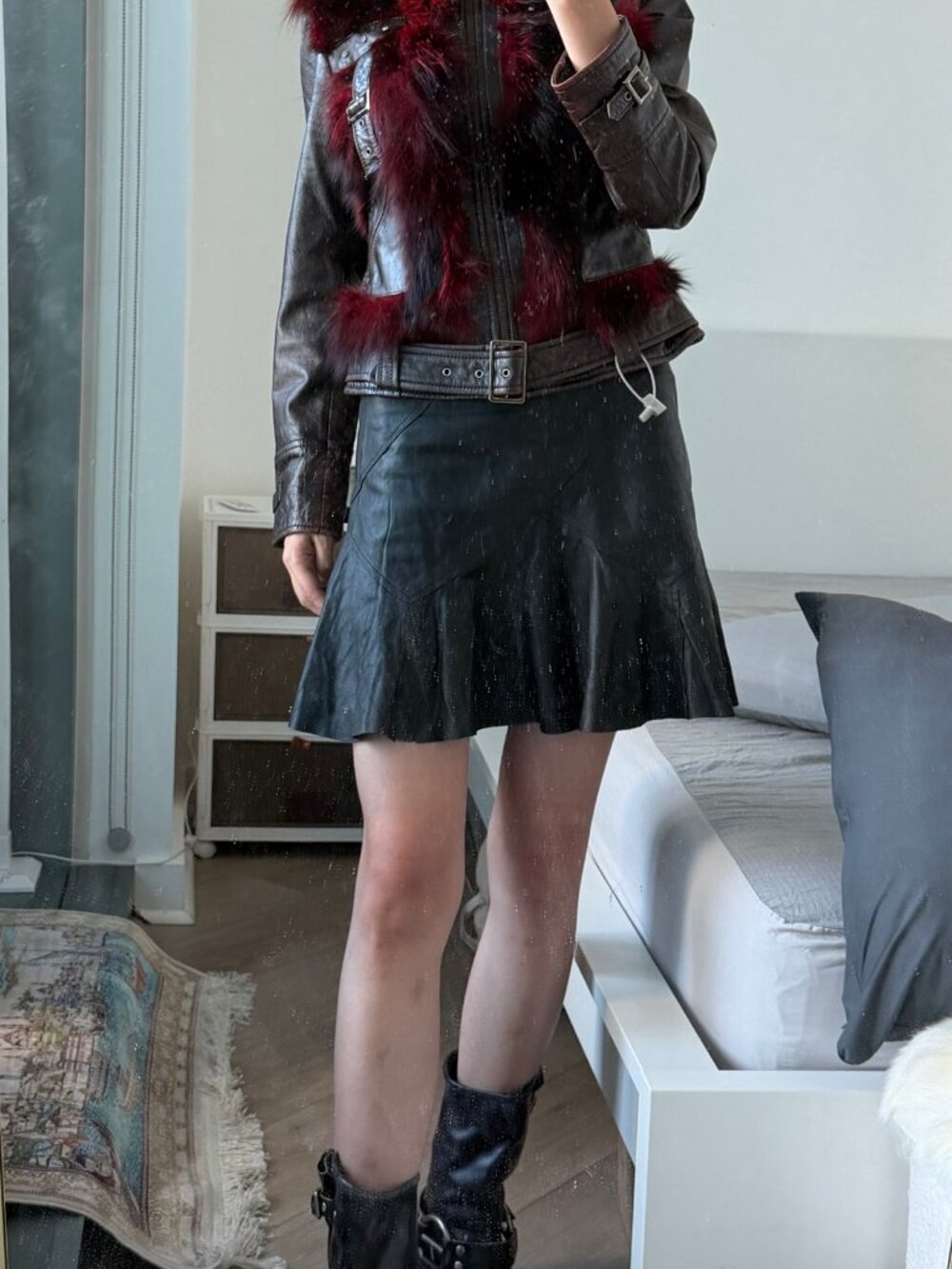 Dark brown sheepskin moto jacket, burgundy fur trim & belted waist